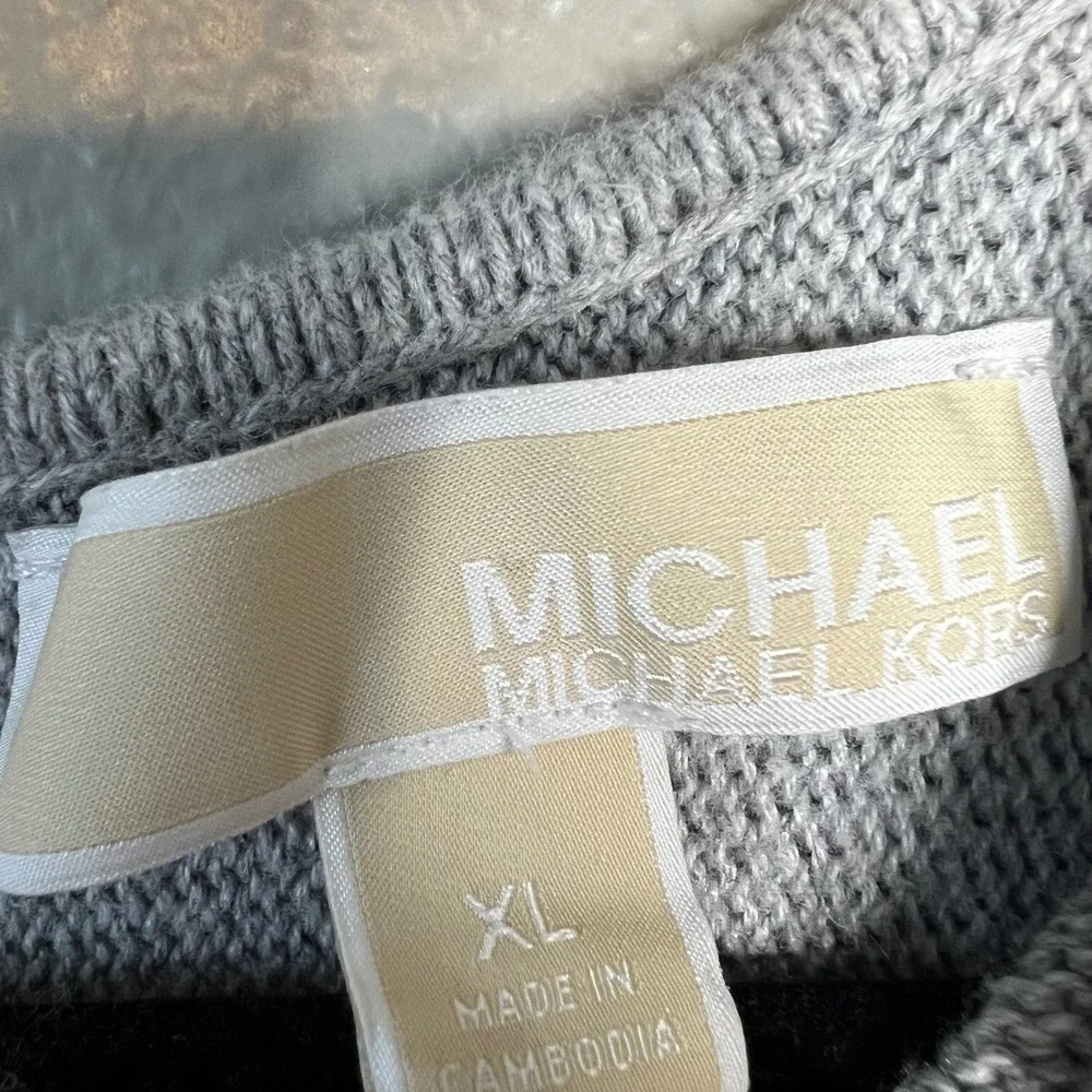 Michael Kors Sweater Sz XL Gray Back Zip High Low Knit Pullover Neutral Top